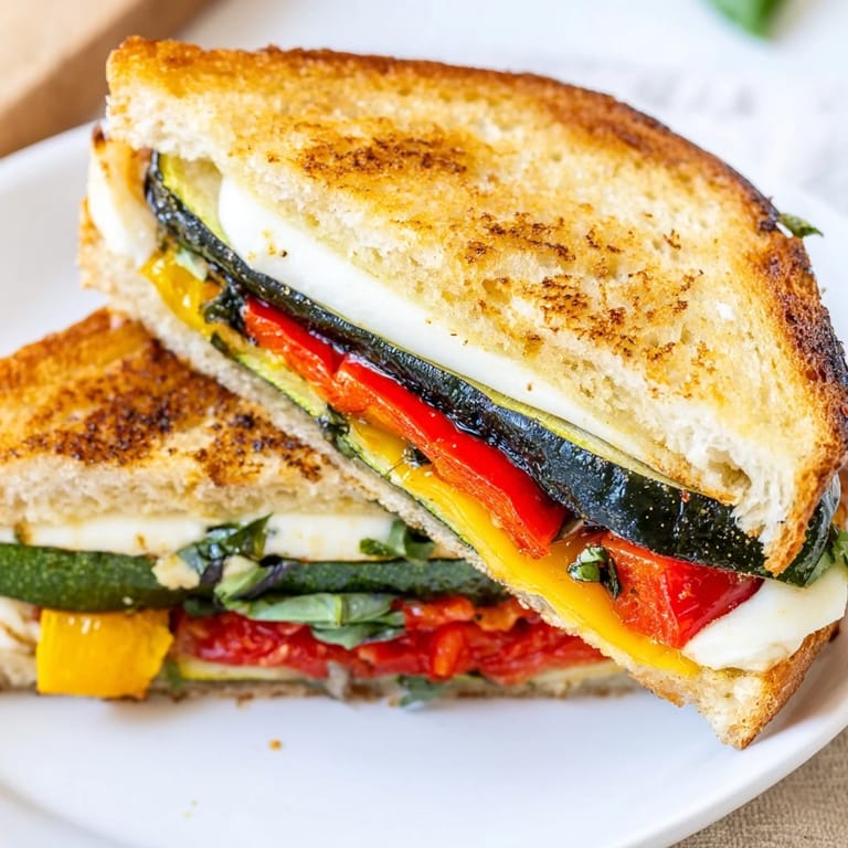 A roasted veggie Caprese grilled cheese is sliced to reveal layers of roasted zucchini, tomatoes, and basil.