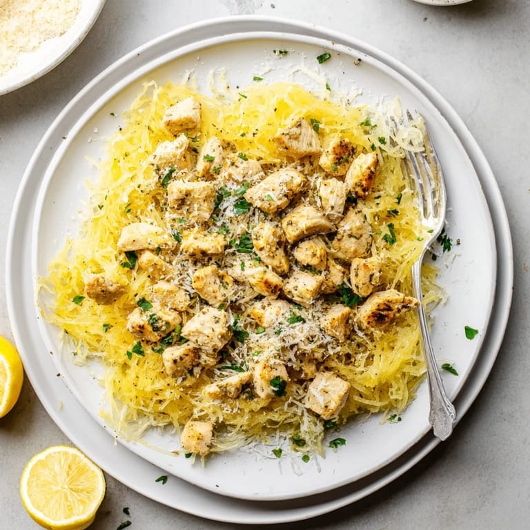 A close-up of fluffy spaghetti squash noodles layered with juicy lemon garlic chicken breast and fresh parsley garnish.  