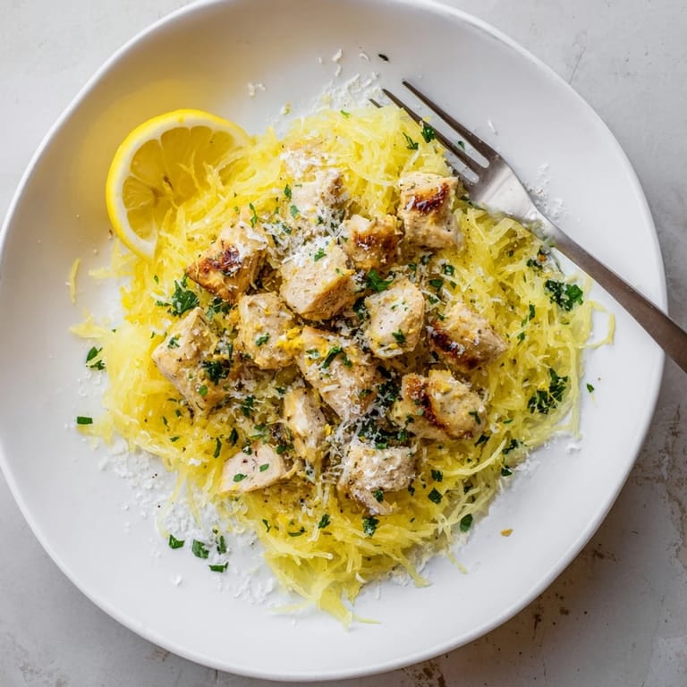 Healthy gluten-free Lemon Garlic Chicken Spaghetti Squash served hot with extra lemon wedges on a rustic plate.