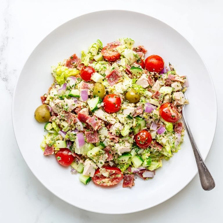 Tossed in a tangy herb dressing, the hearty Italian Deli Chopped Chicken Salad is served on a white platter.