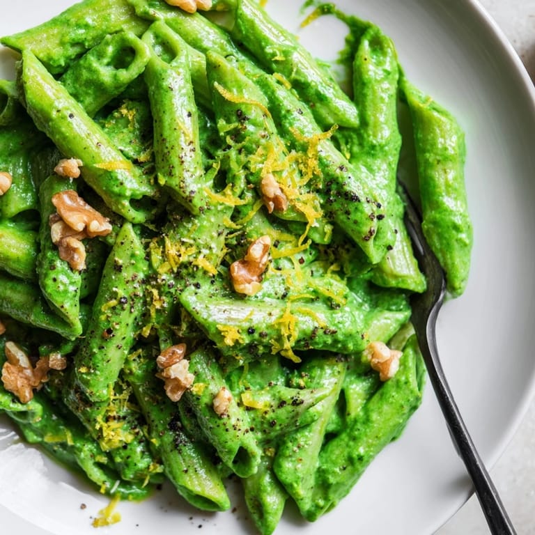 A bowl of Creamy Spinach Walnut Pasta with al dente noodles coated in rich, dairy-free sauce and toasted nuts.  