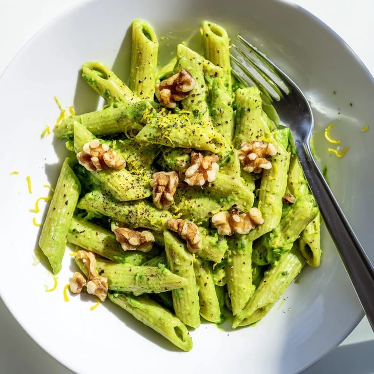 Vibrant green Creamy Spinach Walnut Pasta served warm, topped with freshly ground black pepper for a nutritious weeknight meal.