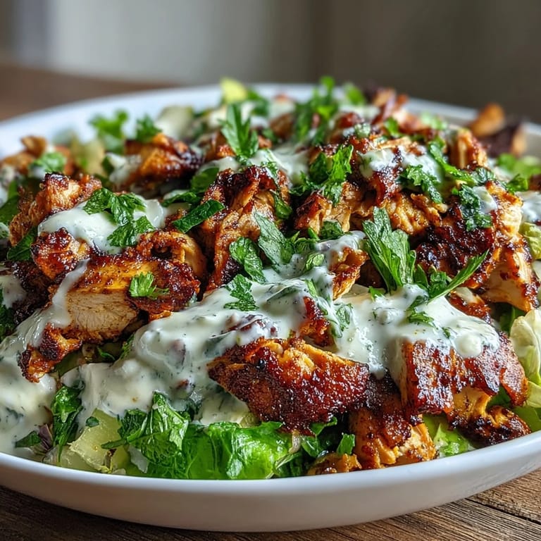Colorful Chicken Shawarma Salad Bowl featuring juicy marinated chicken atop a fresh bed of greens and veggies with a tangy drizzle.