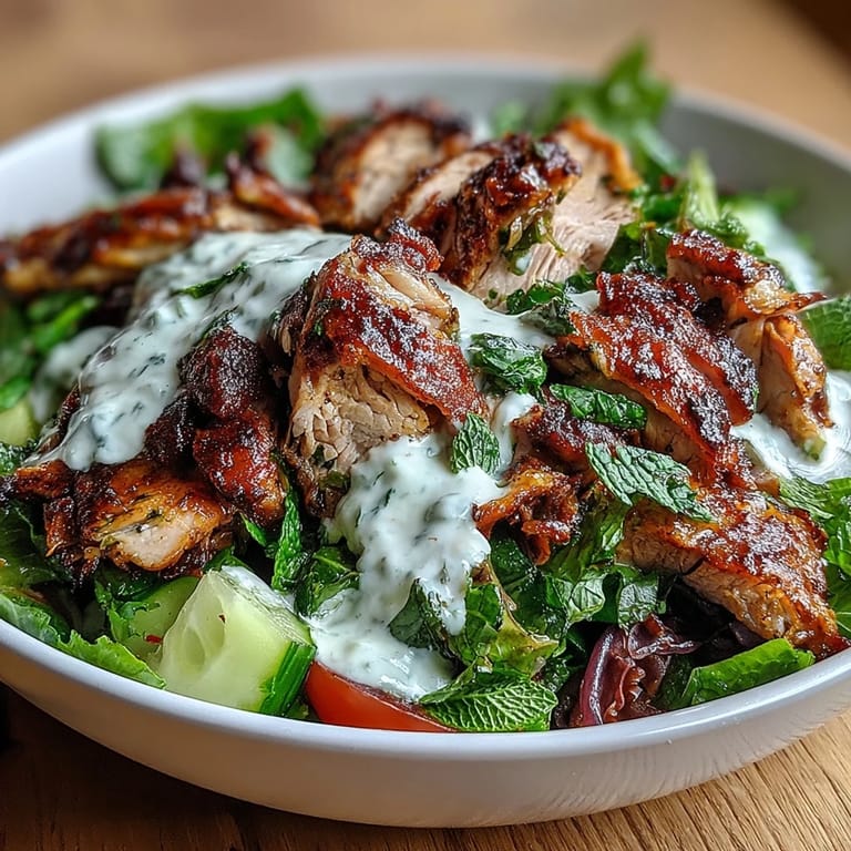 Close-up of a Chicken Shawarma Salad Bowl showing tender, golden chicken pieces, vibrant tomatoes, cucumbers, and a creamy white garlic sauce.