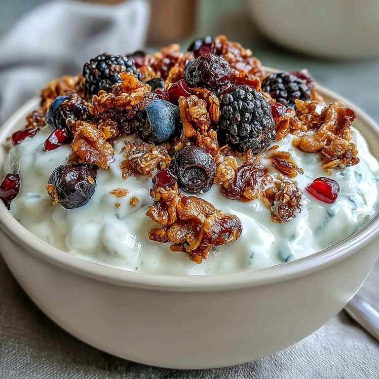 A vibrant close-up of a Yogurt Bowl with Winter Berries and Spiced Crunch featuring juicy blackberries, blueberries, and crunchy toasted pecans. 