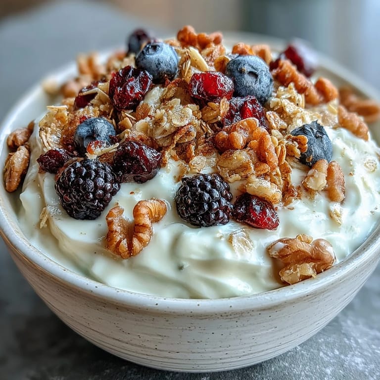 Spoon into a nourishing Yogurt Bowl with Winter Berries and Spiced Crunch, showcasing jewel-toned cranberries and golden, maple-glazed crunchy topping.