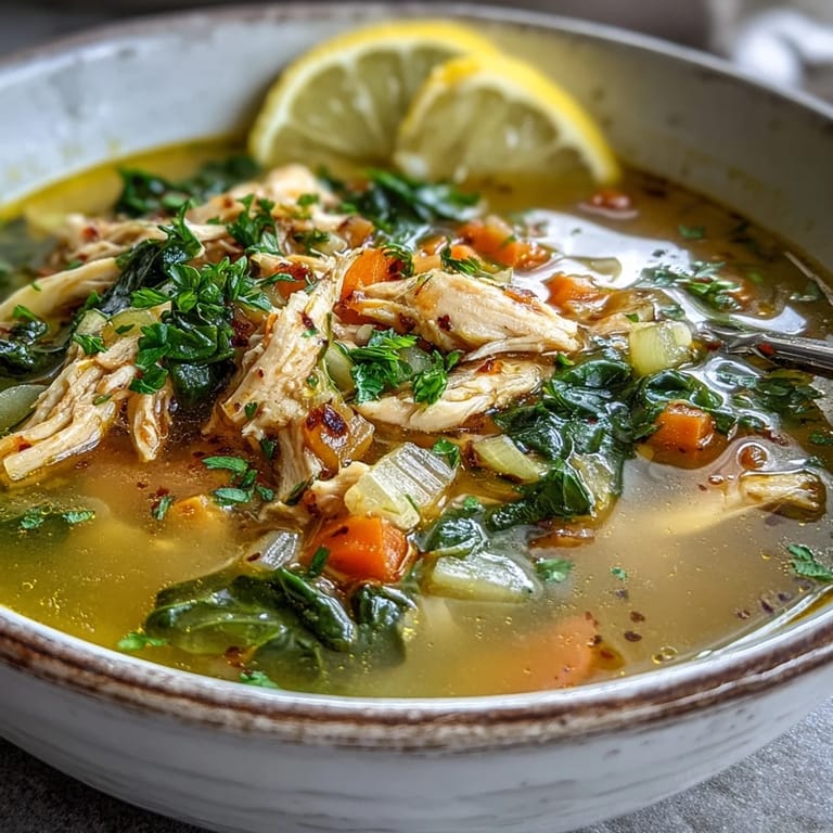 Hearty High Protein Lemon and Turmeric Chicken Soup with tender chicken, carrots, and baby kale in a golden broth.