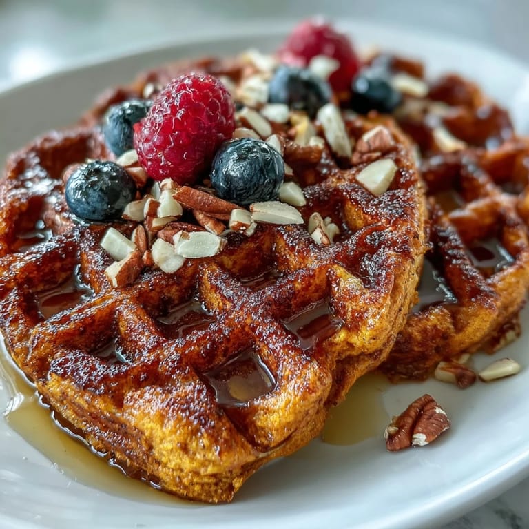 Crisp Anti-Inflammatory Adaptogenic Turmeric Waffles served hot with nuts, seeds, and a honey drizzle.