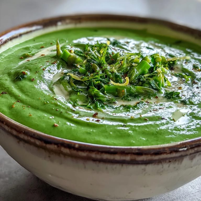 Creamy blended Big Green Immunity-Boosting Vegetable Soup with broccoli, asparagus, and a swirl of olive oil.