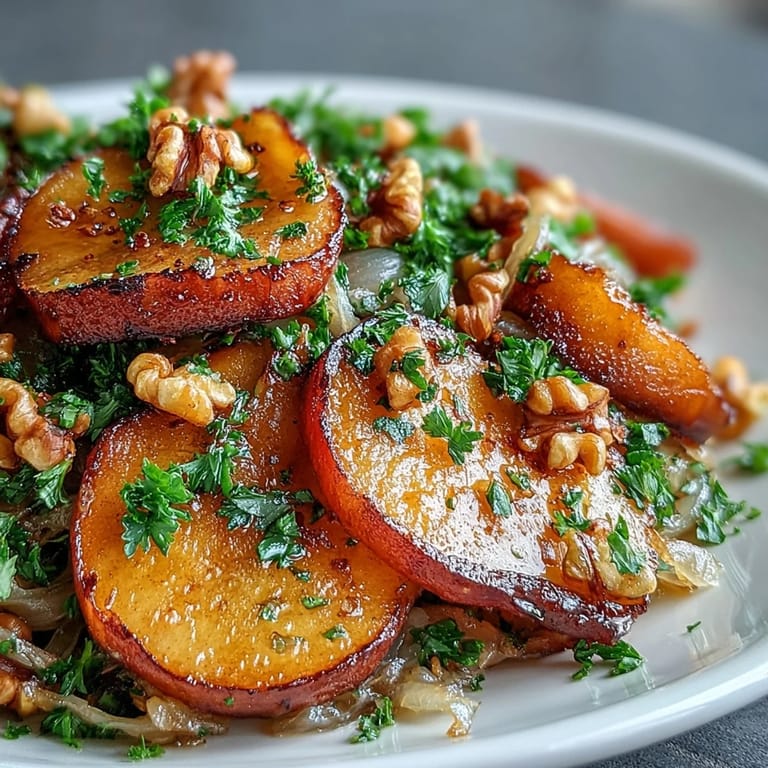 Cozy bowl of Warm Apple and Sauerkraut Skillet Salad topped with fresh parsley and crunchy toasted pecans.