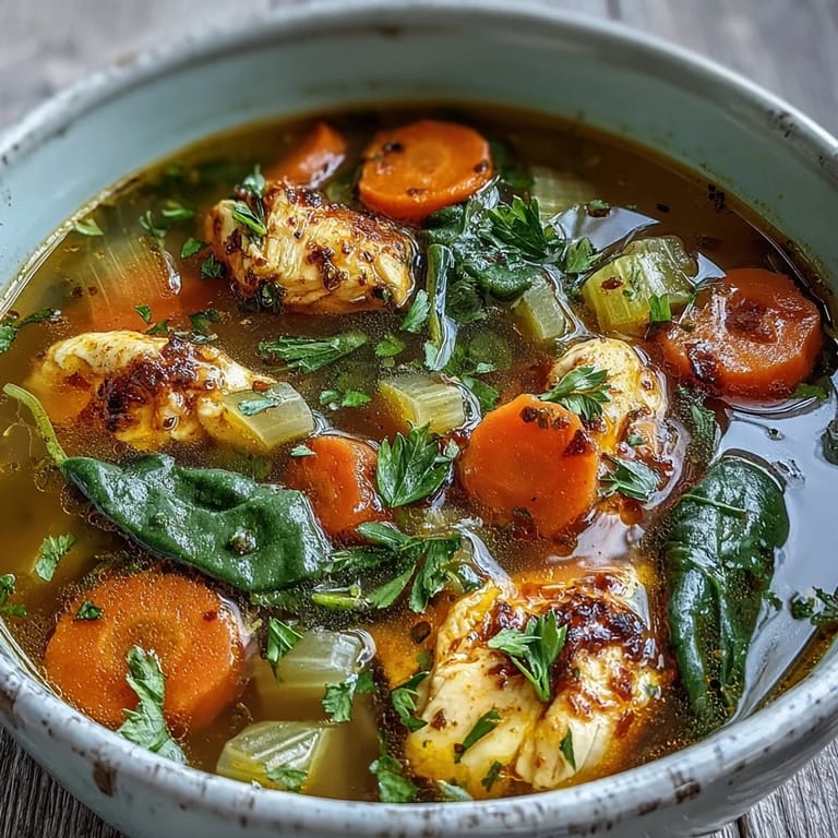 Overhead view of Turmeric Chicken Soup in a rustic pot, garnished with fresh herbs and a lemon wedge.