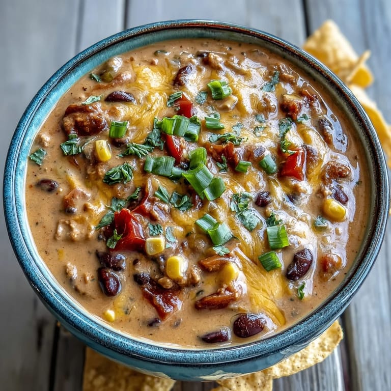 A bowl of creamy taco soup topped with shredded cheese, crushed tortilla chips, and a lime wedge, ready to serve on a cozy dinner table.  