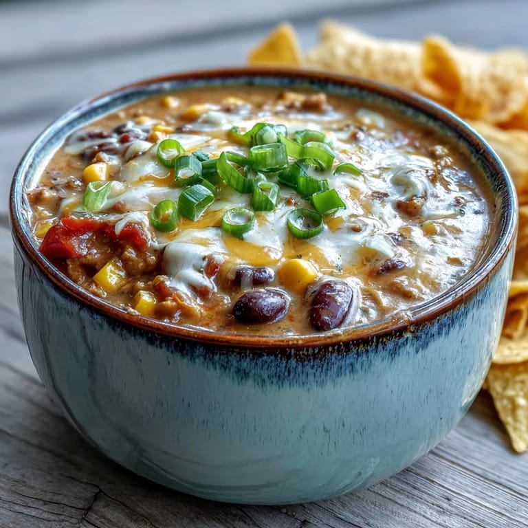 Hearty creamy taco soup with black beans, corn, and ground beef, blending bold taco spices and rich cream in a warm, comforting broth.