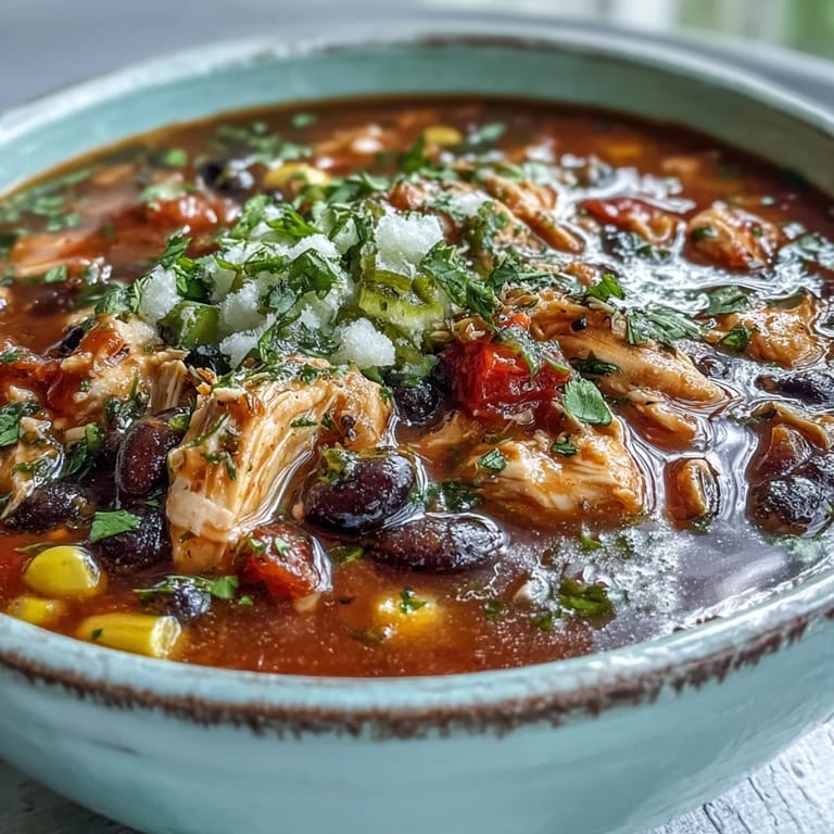 A hearty serving of Southwestern Turkey Soup, rich with shredded turkey, sweet corn, and black beans, garnished with creamy avocado slices.