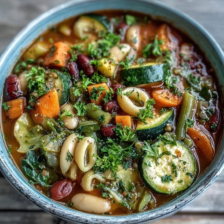 Hearty Minestrone Soup served in a white bowl, garnished with fresh parsley and a drizzle of olive oil.
