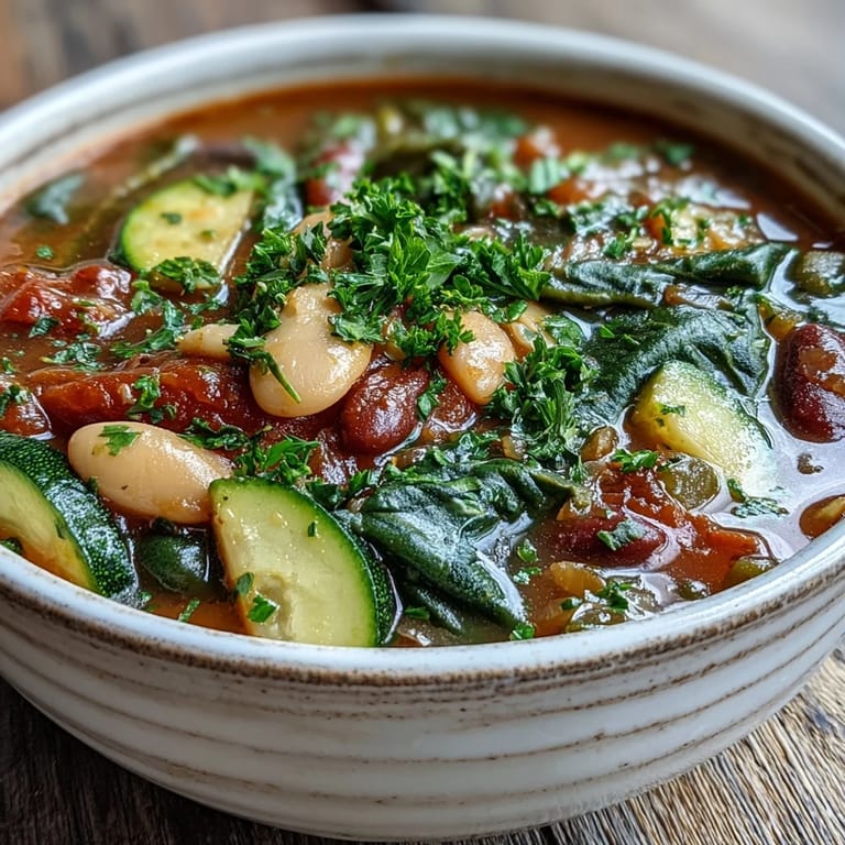 Hearty Italian Minestrone Soup served in a deep soup pot, brimming with colorful diced carrots, zucchini, and kidney beans, ready to be ladled into bowls.  