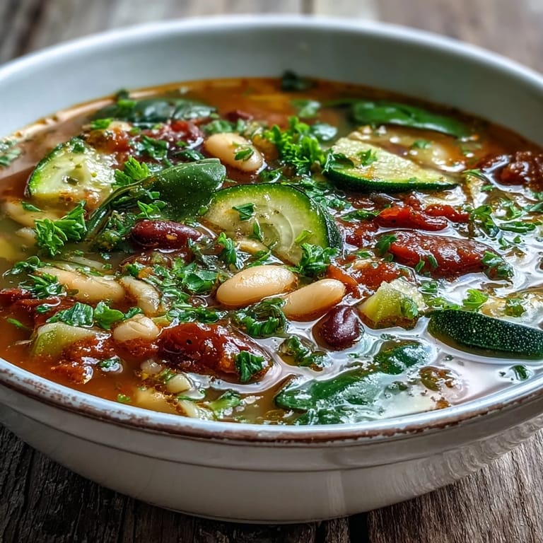 Freshly prepared Minestrone Soup in a white ceramic bowl, garnished with parsley and served alongside crusty artisan bread for a comforting, wholesome meal.
