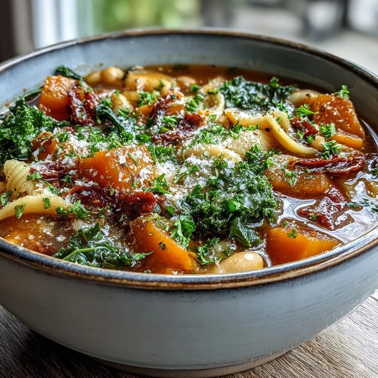 Close-up of Winter Minestrone Soup with Butternut Squash and Kale, revealing tender beans and pasta in rich tomato broth.