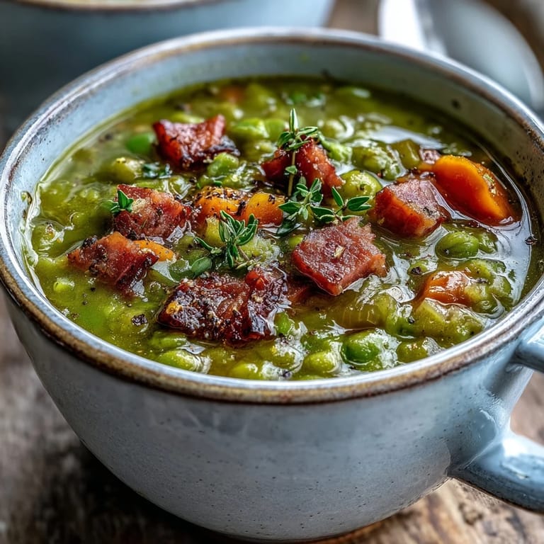Creamy Split Pea and Ham Soup simmered with carrots and fresh thyme.