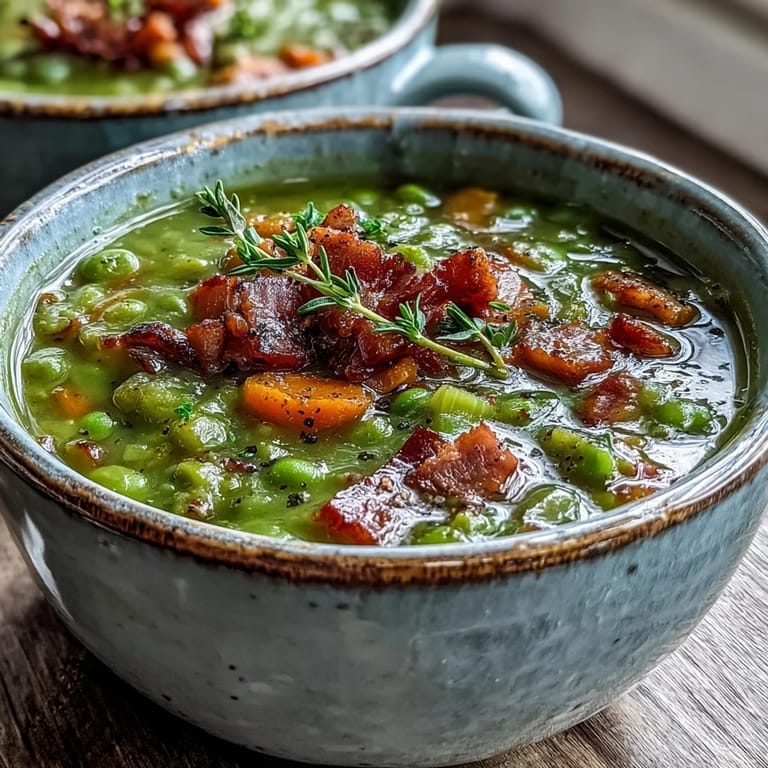 Steamy Split Pea and Ham Soup served in a rustic bowl with a ham bone.