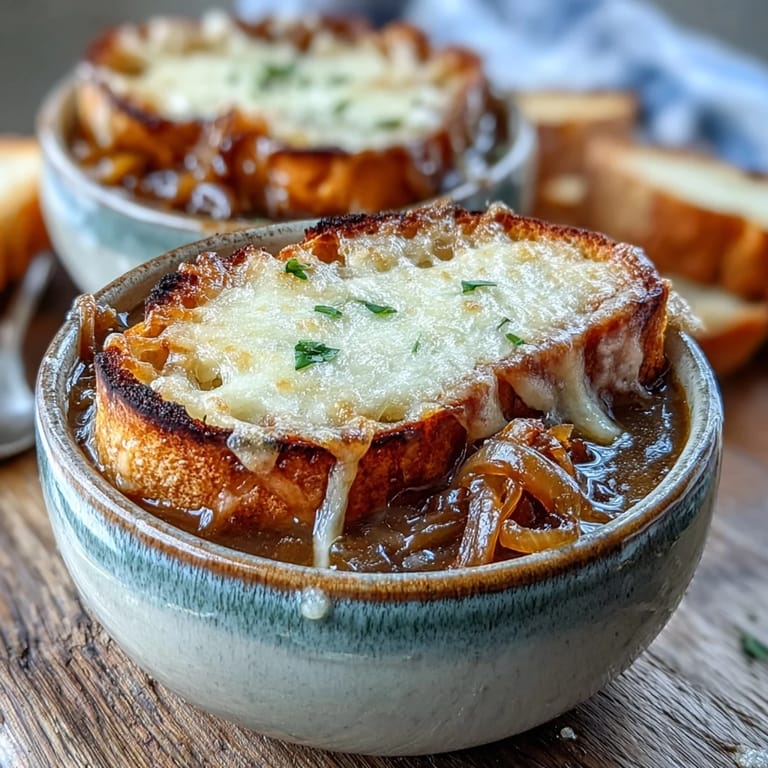 Savory broth with thyme and a hint of white wine, served in oven-safe bowls with a perfectly broiled, cheesy crust.
