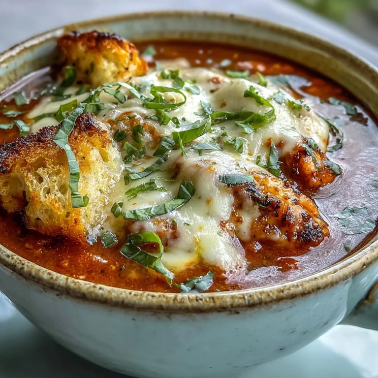 Serving Grilled Chicken Parmesan Soup with garlic croutons and shredded Parmesan for a comforting meal.