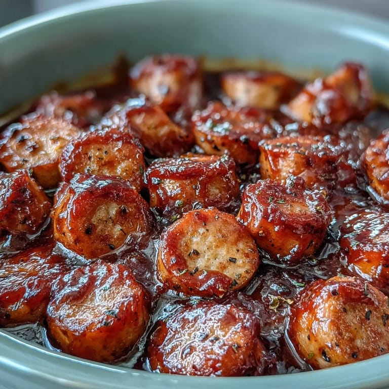 Savory Crock Pot BBQ Cocktail Sausage on a platter with toothpicks, pickles, and potato chips.