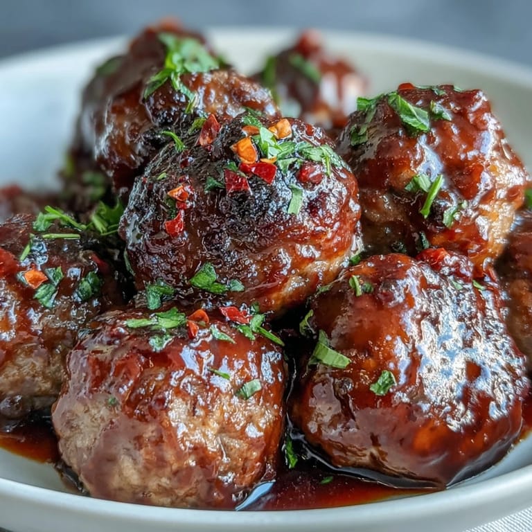 Platter of Slow Cooker Peach Glazed Meatballs garnished with parsley, served as an appetizer with toothpicks on a wooden board.