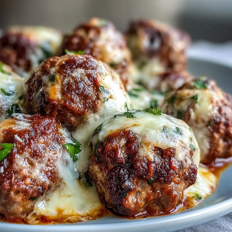 Freshly baked Cheesy, Garlicky Meatballs With Marinara on a baking sheet garnished with parsley and Parmesan, ready to serve.