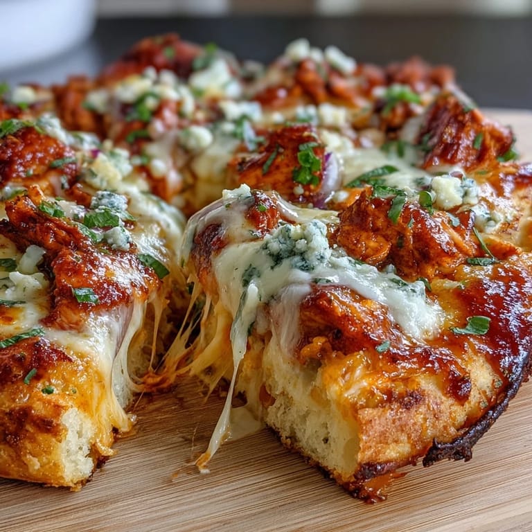 Freshly baked Buffalo Chicken Pizza features melted mozzarella, tangy buffalo sauce, and blue cheese crumbles on a rustic baking sheet.