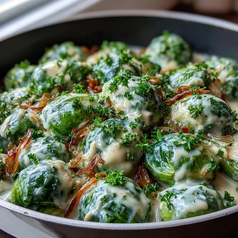 Sizzling Brussels sprouts in a rich cream cheese-mustard sauce with a hint of lemon, ready to accompany roasted meats at dinner.