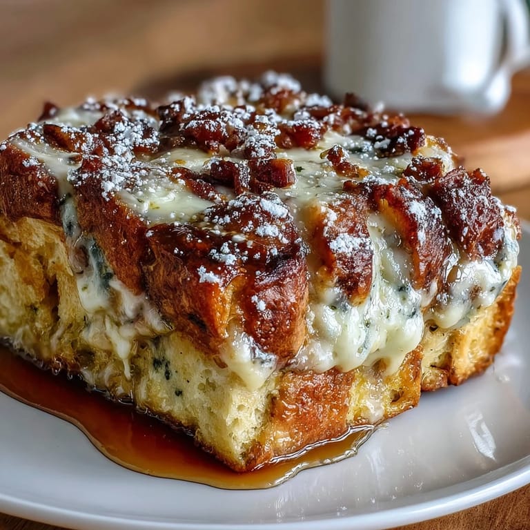 Monte Cristo Breakfast Casserole slice showing melty Swiss cheese, ham, and turkey layers.