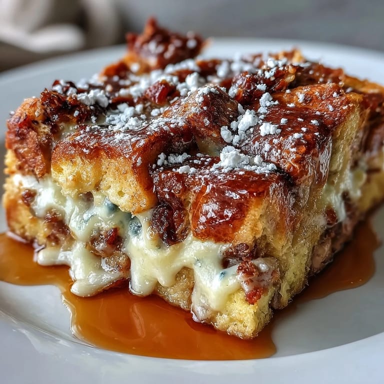 Powdered sugar and maple syrup drizzled over a warm Monte Cristo Breakfast Casserole.