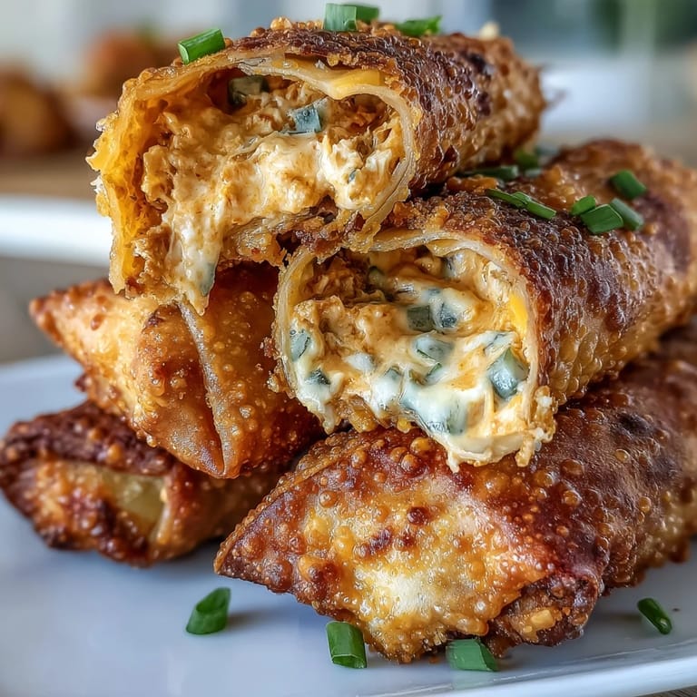 Twelve Buffalo Chicken Dip Egg Rolls on a platter, melty cheddar and green onions visible in the torn wrapper.