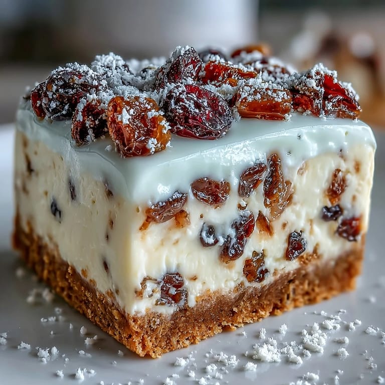 Overhead view of Christmas Cheesecake Slab squares topped with soft whipped cream for a festive holiday dessert.
