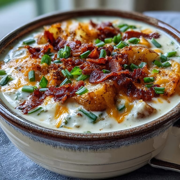 Comforting Loaded Potato Soup in a rustic bowl, garnished with sour cream, extra cheddar, and chopped green onions.