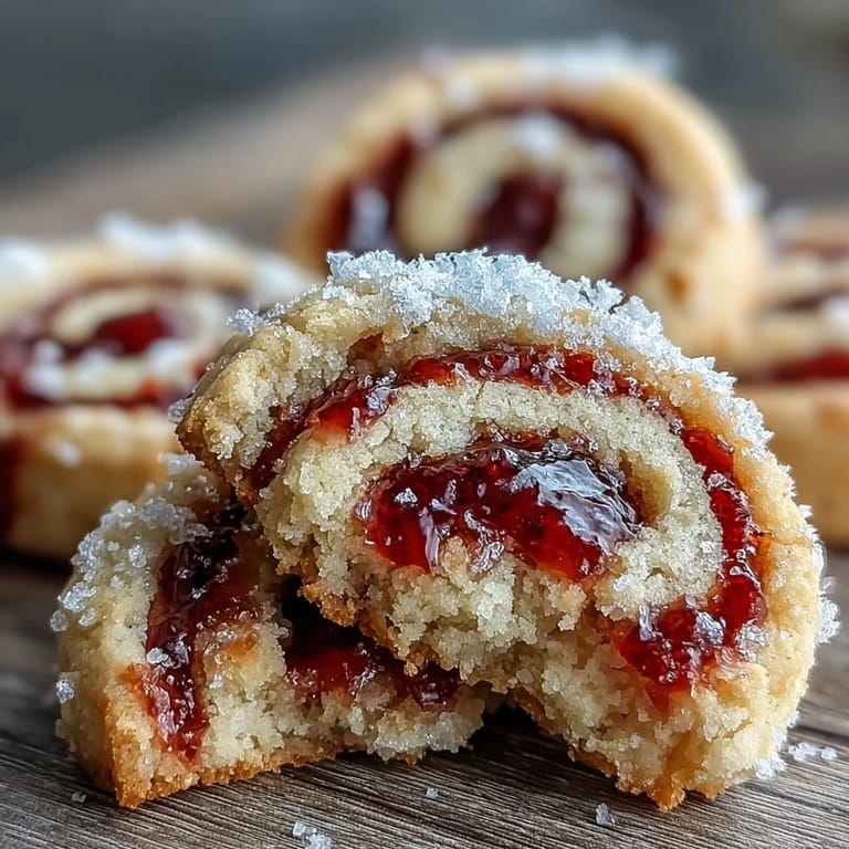 Warm Raspberry Swirl Shortbread Cookies are dusted with sugar, showing a tender texture and vivid raspberry filling.