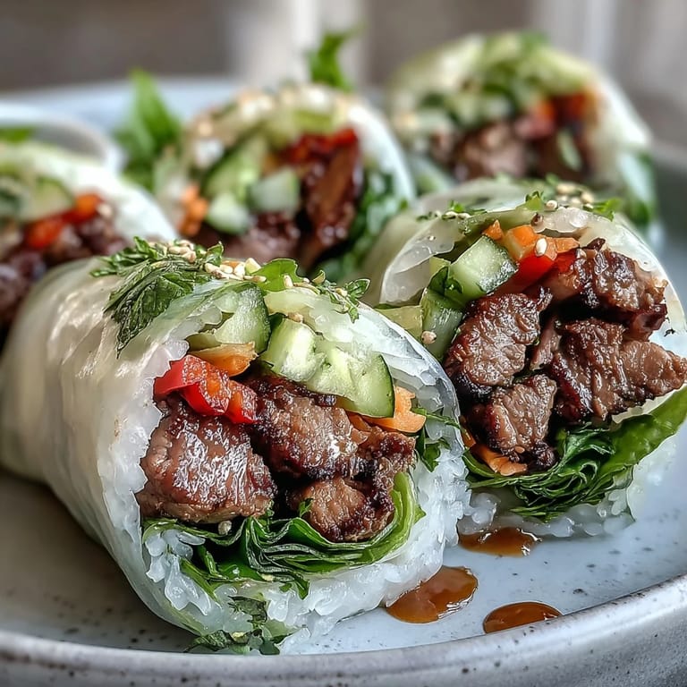 Tightly rolled Thai Basil Beef Rolls made with rice paper, showcasing vibrant carrots and cucumbers in soft afternoon light. 