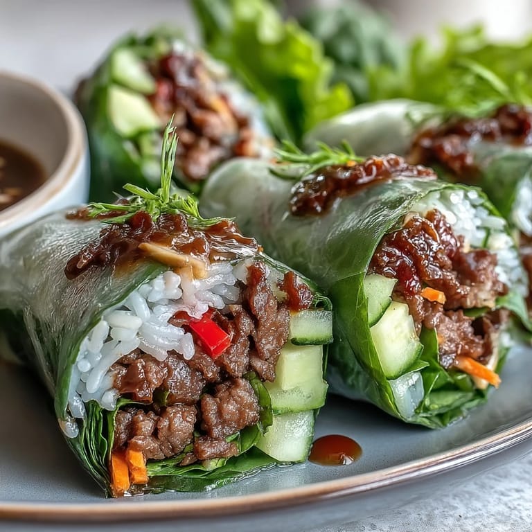 Fresh Thai Basil Beef Rolls on a plate with a small bowl of tangy dipping sauce, garnished with extra basil.