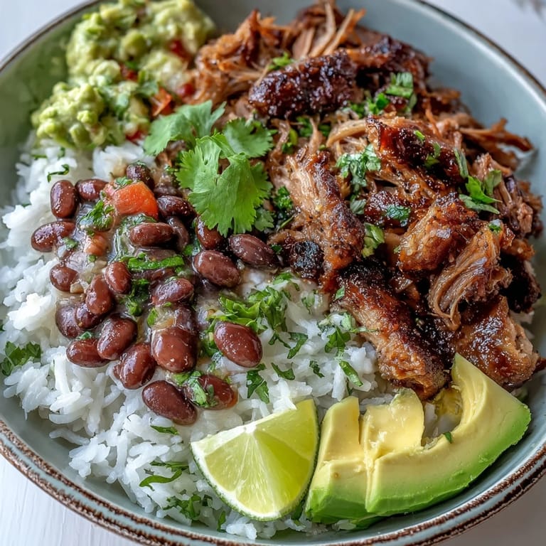 Golden brown carnitas served over steamed rice with pinto beans, avocado, and salsa, ready to enjoy for dinner.