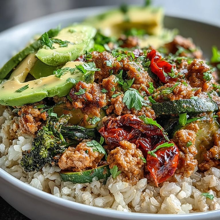 A wholesome ground turkey bowl with seasoned meat, charred vegetables, and quinoa, ready to serve.