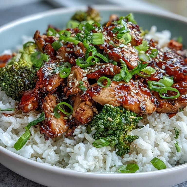 Freshly sliced green onions and a sprinkle of sesame seeds garnish this hearty Chicken and Rice Bowl, served ready to enjoy.