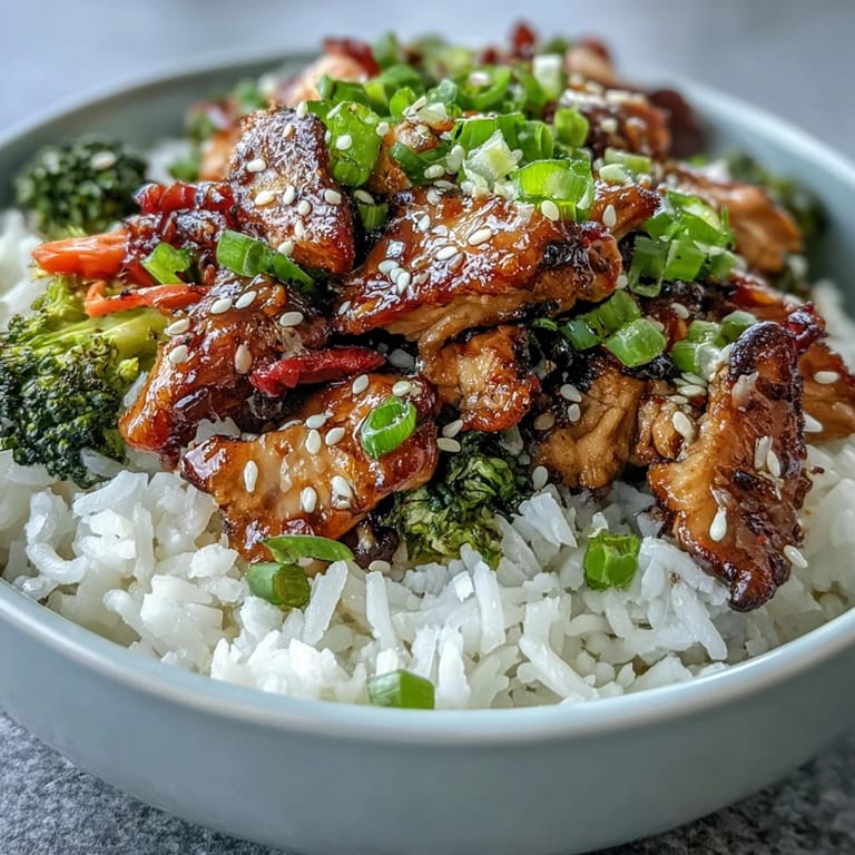 This wholesome dinner bowl features juicy chicken pieces and colorful vegetables over fluffy rice, perfect for a quick and easy family meal.