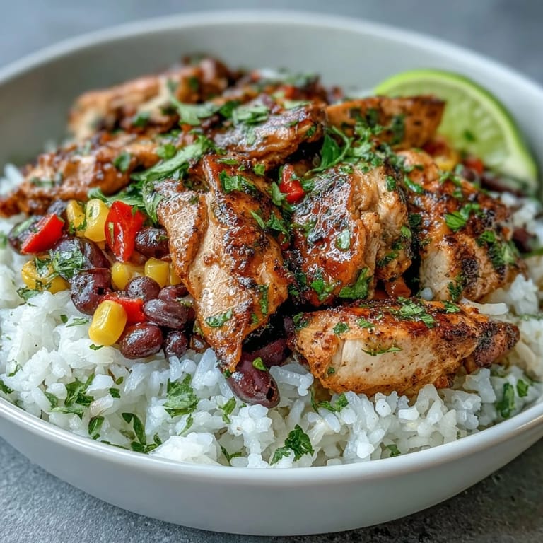 Sizzling Cajun Chicken Bowl featuring golden chicken thighs, sweet corn, and hearty black beans, served with zesty lime wedges for brightness.