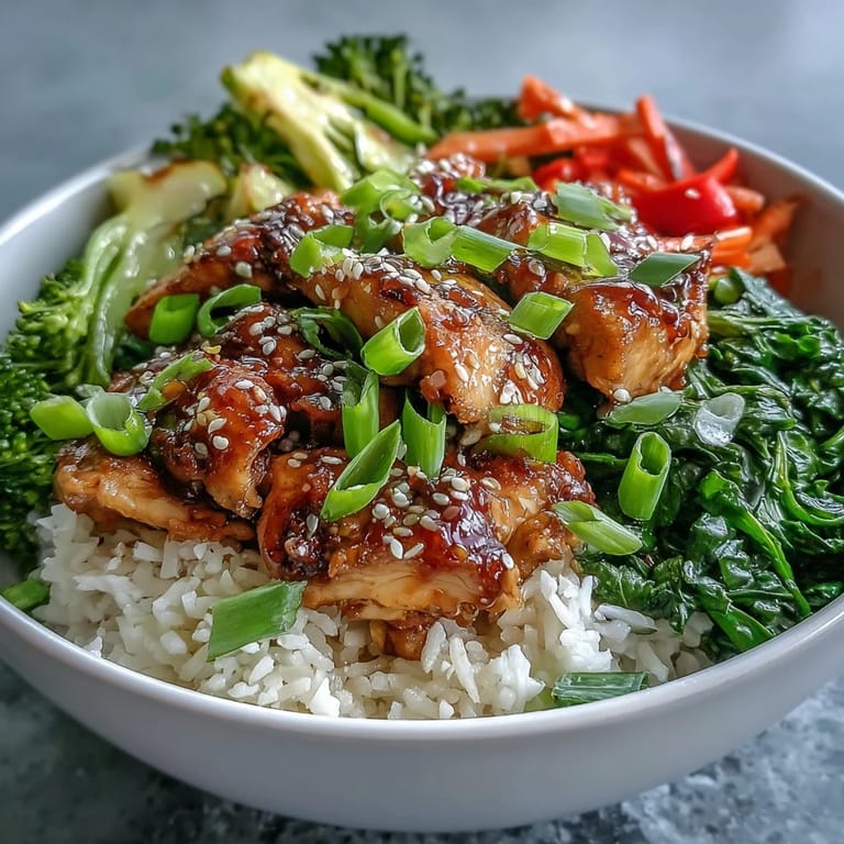 A steaming bowl of Honey Garlic Chicken with tender glazed pieces, fluffy white rice, and bright broccoli and red bell pepper slices.