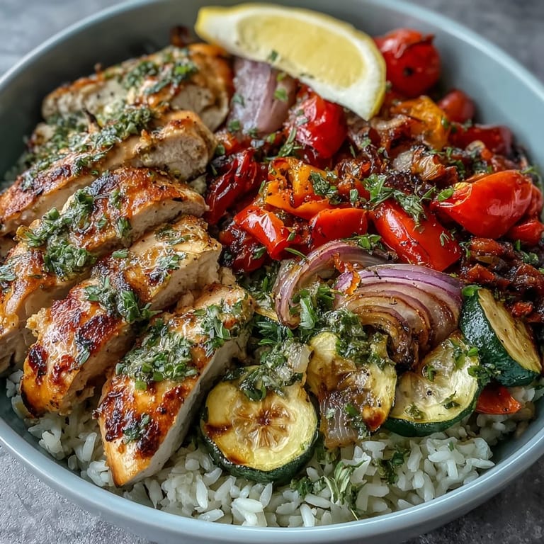 A wholesome Lemon Herb Roasted Chicken Bowl garnished with herbs and drizzled with a zesty lemon dressing for a vibrant meal.