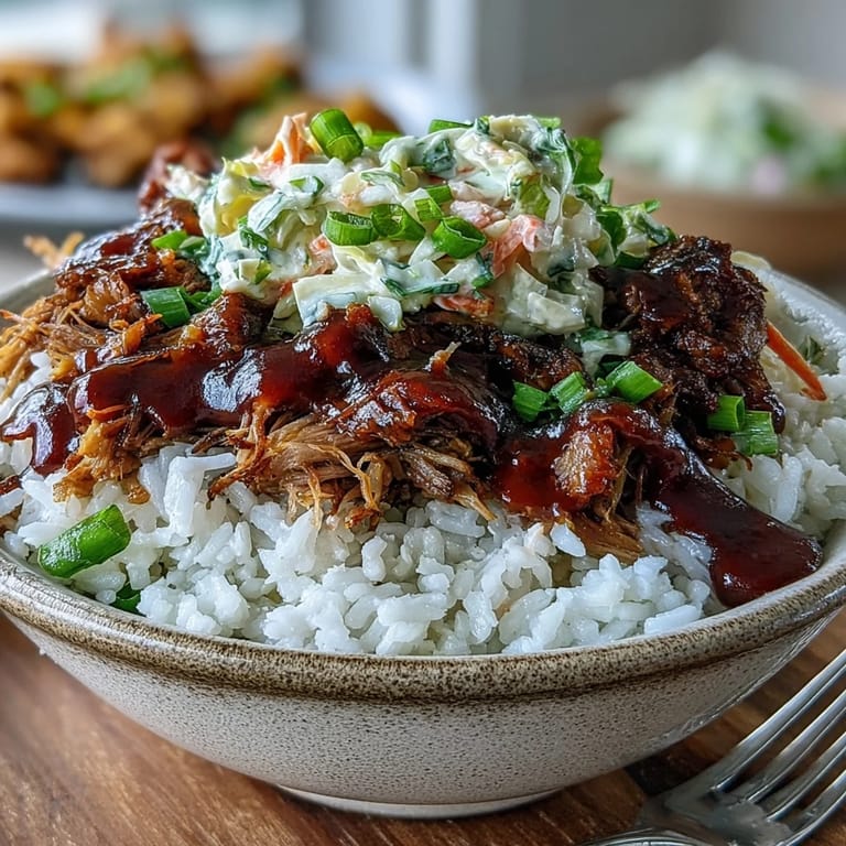 Close-up overhead shot of a delicious pulled pork bowl with fluffy rice, vibrant red and green coleslaw, and glistening barbecue sauce.