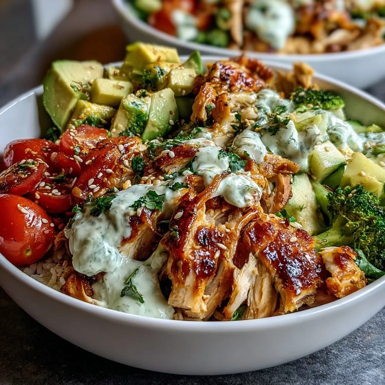 Vibrant rotisserie chicken bowl featuring colorful veggies, quinoa base, and a drizzle of green goddess dressing.