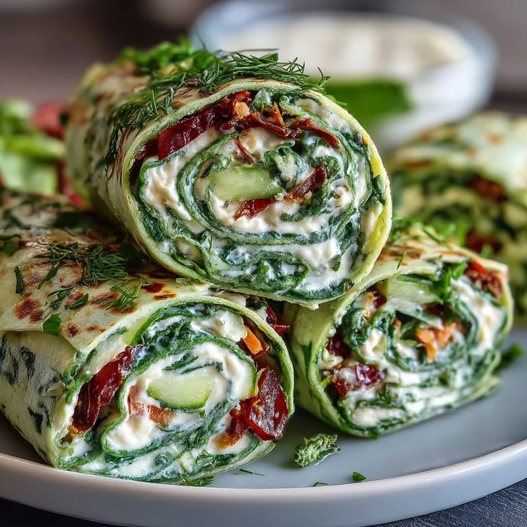 Creamy herb cheese and fresh vegetables rolled in spinach wraps, sliced into vibrant pinwheels for easy snacking or entertaining.