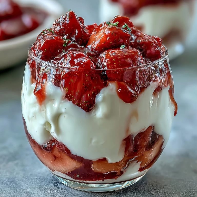 Refreshing strawberry compote spooned over thick Greek yogurt, garnished with fresh mint leaves.